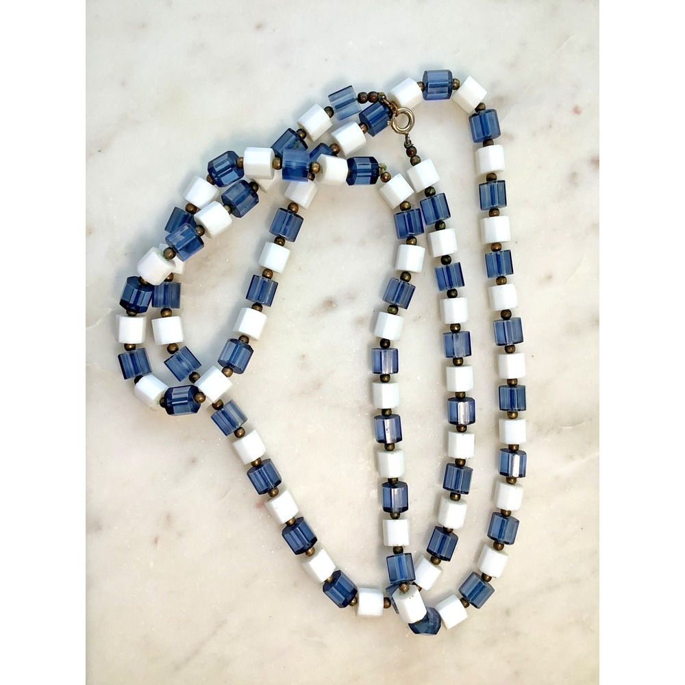 Vintage 44" Long MCM Lucite Bead Necklace Navy Blue White Chunky Cube Gold